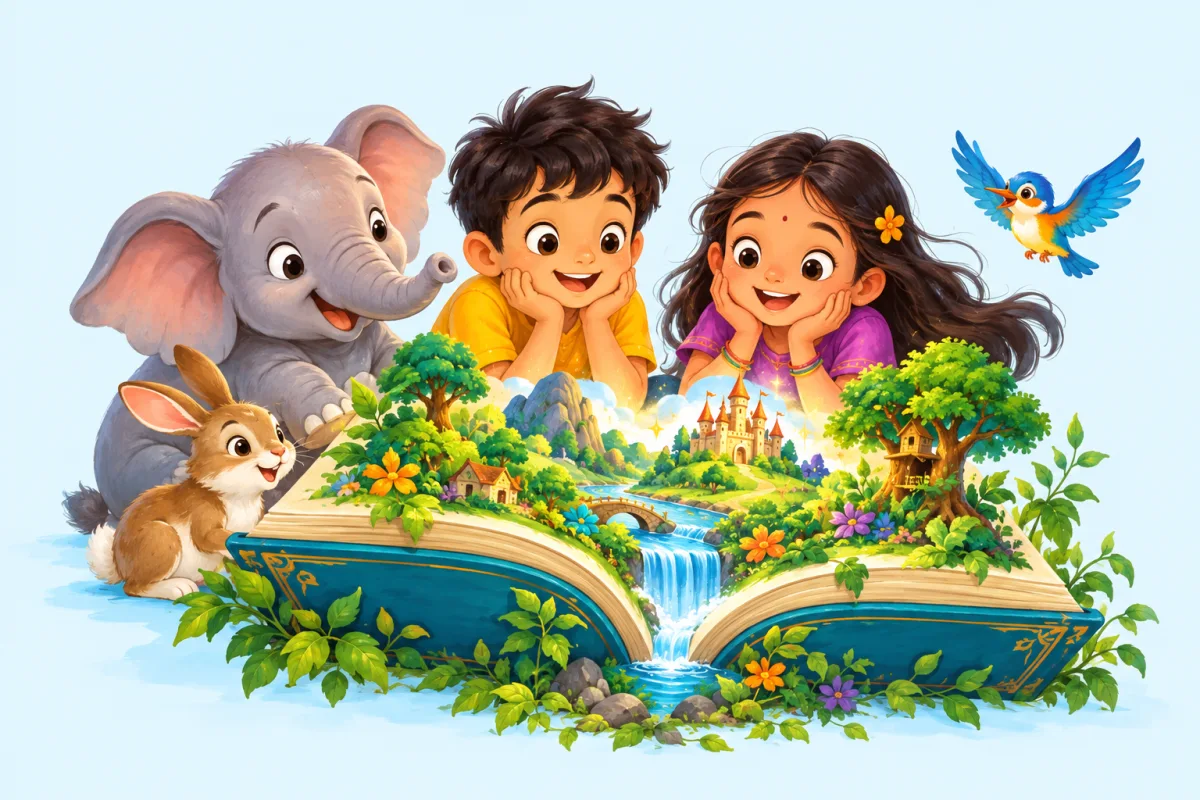 पुस्तकातून उलगडणाऱ्या गोष्टींच्या जगात दोन मुलं, हत्ती, ससा आणि पक्षी